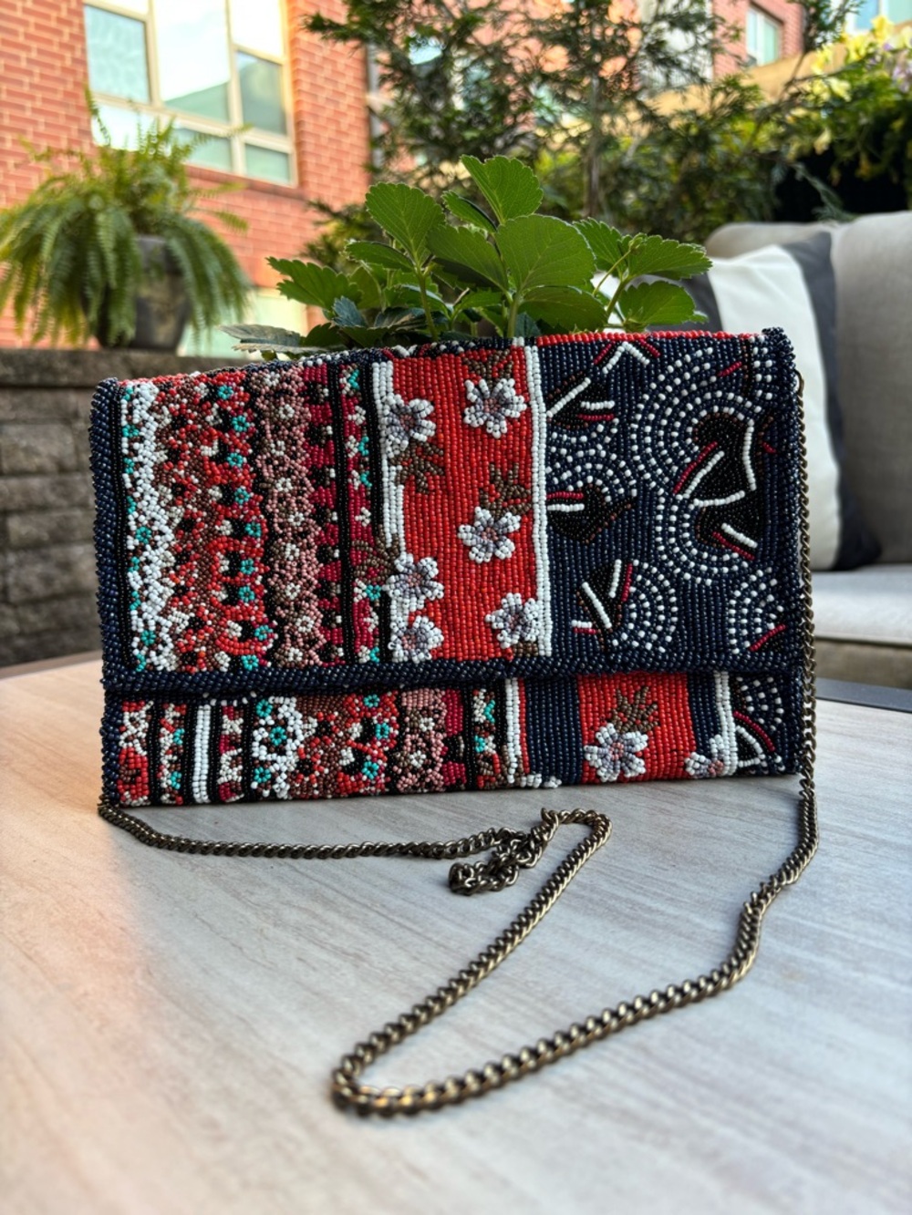 Anthropologie Red, Black & White Beaded Fold-Over Clutch with Chain